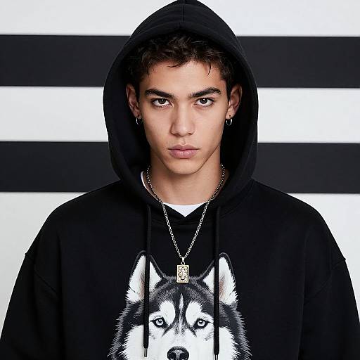 Photograph of a young man with medium skin, dark hair, and black hoodie featuring a wolf print, against a black-and-white striped background.