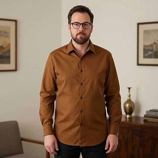 Photograph of a bearded man with glasses, wearing a brown button-up shirt and black pants, standing in a living room.