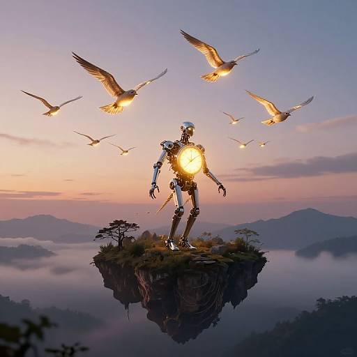 Luminous Mechanical Birds at Twilight