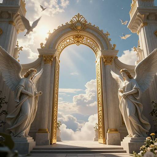 Photorealistic digital image of two white-winged angels in classical robes, standing in a sunlit, ornate, golden archway with a bright