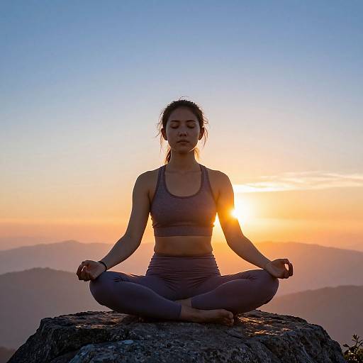 Photograph of a woman with dark hair in a bun, wearing a gray sports bra and pants, meditating in lotus position on a rock at