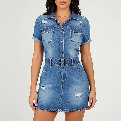 Photograph of a woman in a blue, short-sleeved, denim dress with button front, belt, and distressed patches, standing against a white