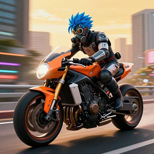 Digital art of a blue-haired, masked motorcyclist with cyberpunk armor riding an orange sport bike in a blurred cityscape at sunset.