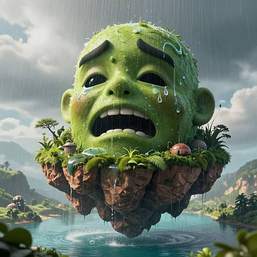 CGI image of a green, teary-eyed, moss-covered floating island-head with large eyes and mouth, surrounded by plants, raining, above a