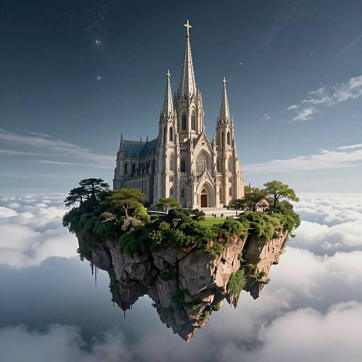 Digital artwork of a floating, Gothic-style cathedral with spires, surrounded by lush greenery, atop a rocky island above a sea of clouds.
