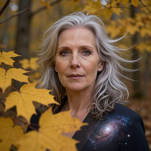 Photograph of an older woman with silver hair, blue eyes, wearing a black top, surrounded by golden autumn leaves in a forest.
