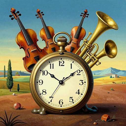Photorealistic digital art: brass clock with black hands, wooden violin bows, and golden trumpet horns, set in a sunny rural landscape.
