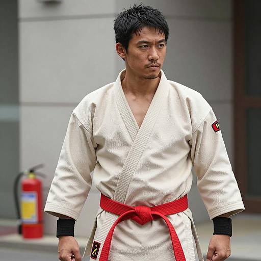 Asian martial artist in red belt karate gi