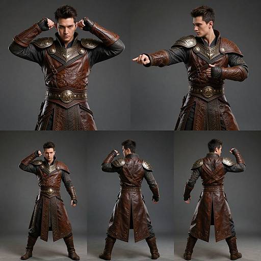 Photograph of a muscular, dark-haired man in detailed brown leather armor with metallic shoulder plates, posing confidently in four different stances against a gray backdrop