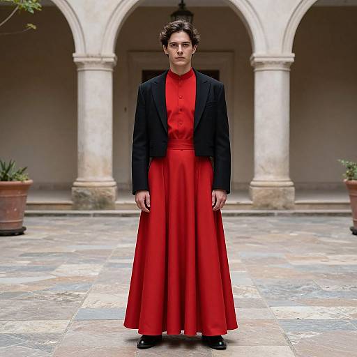 Photograph of a tall, serious woman with curly dark hair, wearing a red satin dress and black blazer, standing in an archway courtyard with