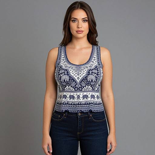 Photograph of a young woman with straight brown hair, wearing a blue and white patterned tank top and dark jeans, standing against a plain gray background