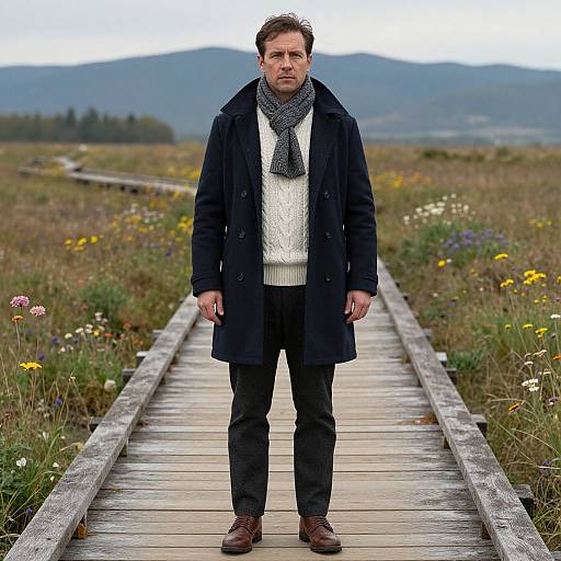 Photograph of a serious middle-aged man in a black coat, white sweater, gray scarf, black pants, brown shoes, standing on a wooden path