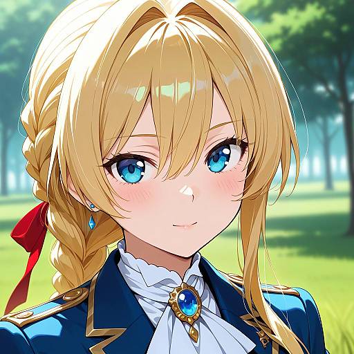 Digital anime-style portrait of a blonde girl with blue eyes, braided hair, red ribbon, blue military-style jacket, white ruffled shirt, blue