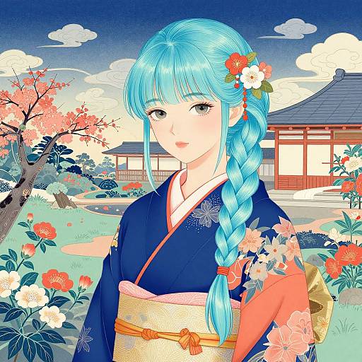 Ukiyo-e Woman in Aquamarine Kimono