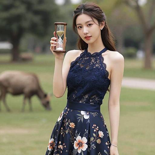 Elegant Woman in Navy Blue Lace Outfit