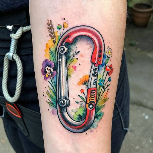 Vibrant tattoo of a red and silver inhaler surrounded by colorful flowers on a person's forearm, photographed outdoors.