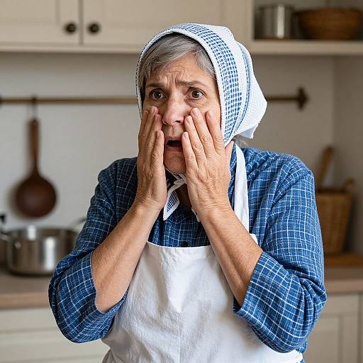 Photograph of an elderly woman with gray hair, wearing a blue checkered shirt, white apron, and headscarf, covering her mouth in