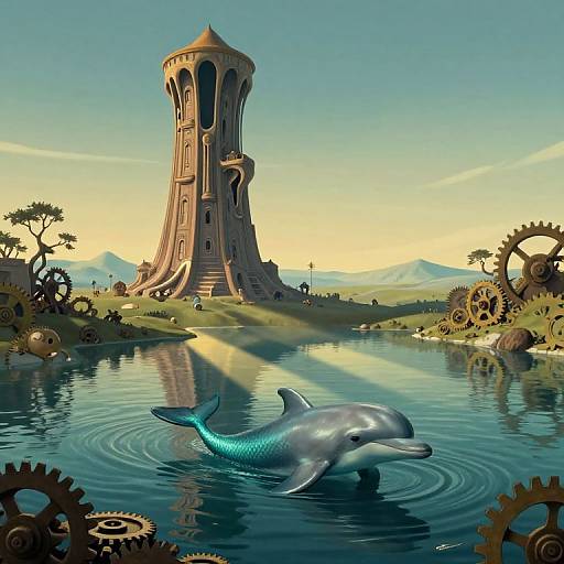 Digital fantasy artwork: A sleek, blue-scaled dolphin swims in a serene river, reflecting sunlight. A towering, cylindrical, ancient temple stands in the