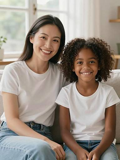 Mother and Daughter Smiling Together on Sofa