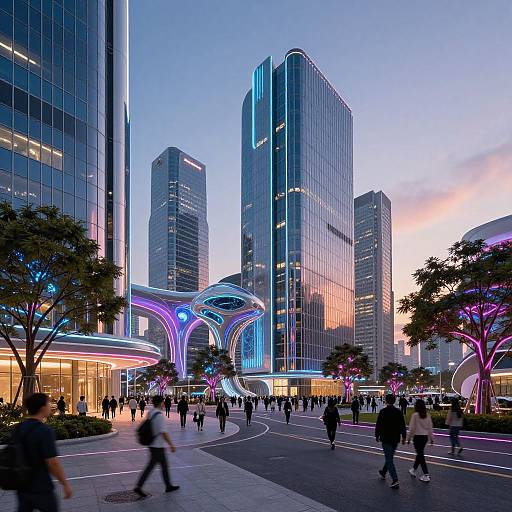 Photograph of a vibrant, modern cityscape at dusk, featuring illuminated skyscrapers, glowing archways, and bustling pedestrians on a curving street