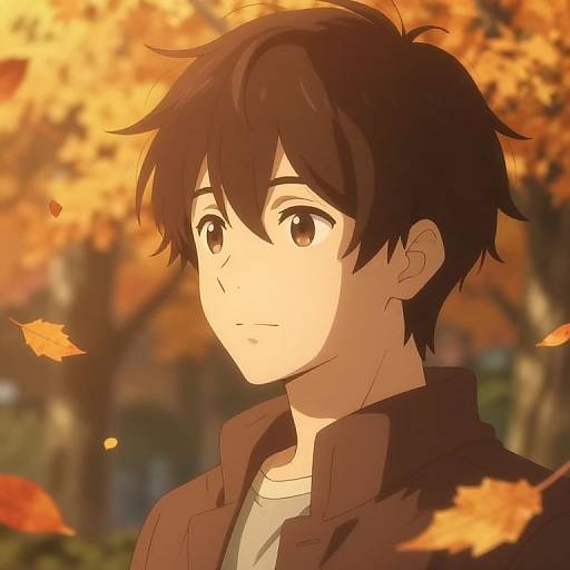 Anime-style digital drawing of a young man with dark brown hair and brown eyes, wearing a brown jacket, looking up at falling autumn leaves in a sun