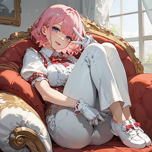 Pastel Pink-Haired Girl Sitting on Couch