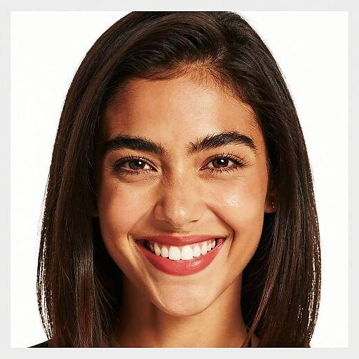 Smiling woman with red lipstick on white background