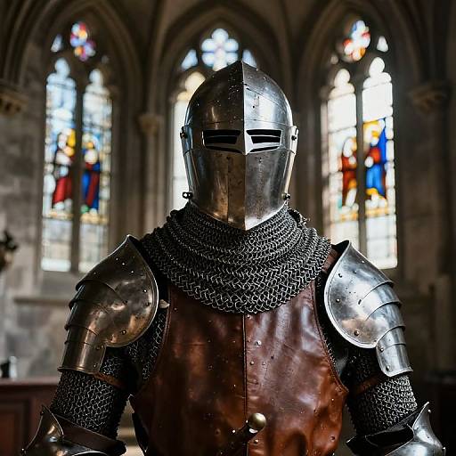 Photograph of a medieval knight in shiny steel armor with chainmail and a brown leather chest plate, standing in a dimly lit cathedral with colorful stained
