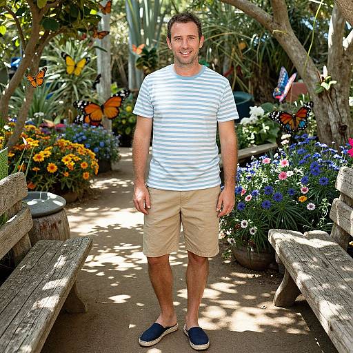 Photograph of a smiling, short-haired man in a white striped shirt, beige shorts, and navy slip-ons, standing in a sunlit garden path