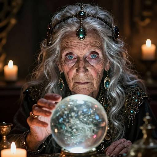 Photograph of an elderly woman with silver hair, blue eyes, and deep wrinkles, wearing a dark, jeweled headpiece and earrings, holding a