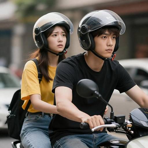 Young Couple Riding Motorcycle in Urban Area