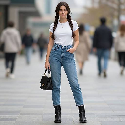 Photograph of a young woman with long dark hair in braids, wearing a white t-shirt, high-waisted blue jeans, black boots,