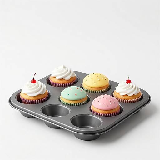 Photograph of six colorful cupcakes with swirls of white frosting, cherry, sprinkles, in a black, six-cup muffin tin.