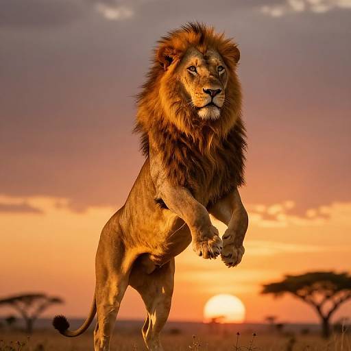 Photograph of a majestic male lion mid-leap at sunset, golden light highlighting his mane, with a vibrant orange and purple sky and acacia trees