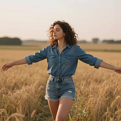 Young Woman Twirling in Golden Field