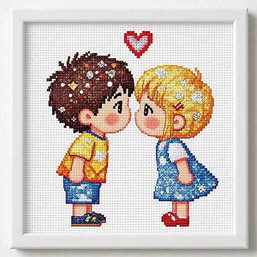 Pixel art of a blushing boy and girl with short brown and blonde hair, wearing yellow and blue dresses, kissing noses with a red heart above.