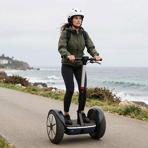 Photograph of a young woman with dark hair, wearing a green jacket, black pants, and helmet, riding a Segway on a coastal path with