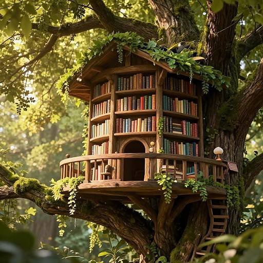 Photorealistic CGI of a wooden treehouse library nestled in a sunlit forest, filled with colorful books, surrounded by lush greenery.