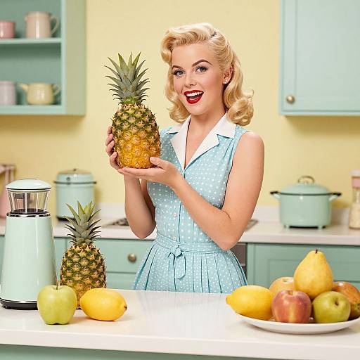 Vintage-style photograph of a blonde woman in a blue polka-dot dress holding a pineapple in a pastel kitchen, surrounded by fruits and appliances.