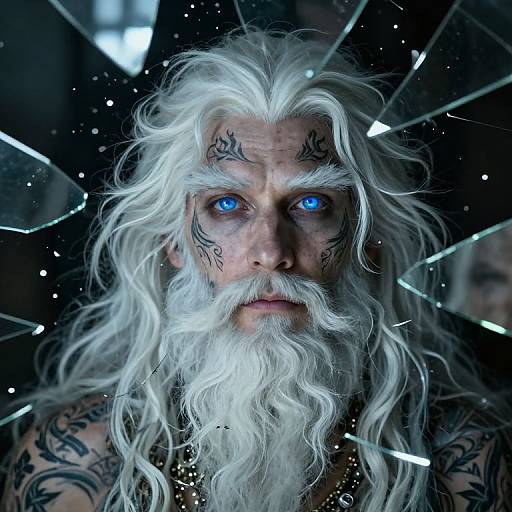 Photograph of a white-haired, tattooed, blue-eyed elderly man with a long beard, intense gaze, and dark tribal markings, surrounded by shattered