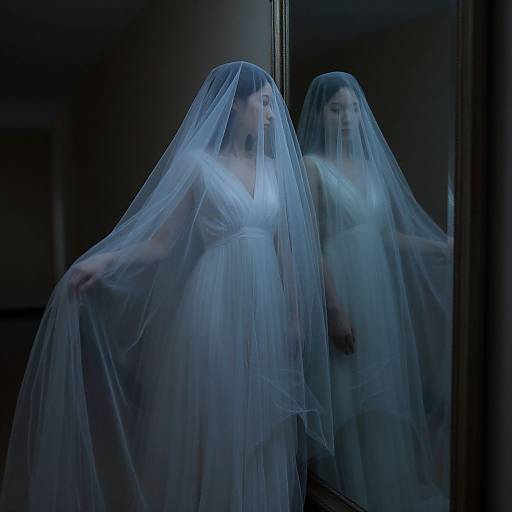 Photograph of a pale woman in a translucent white veil and gown, standing in front of a dark mirror, bathed in blue light, creating an