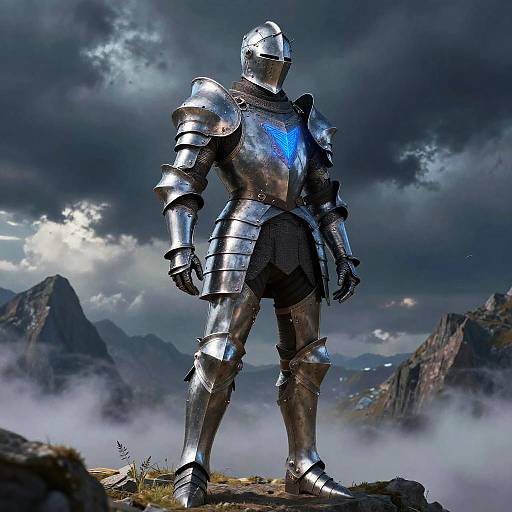 Photorealistic digital artwork of a towering, armored knight with glowing blue accents, standing on a misty mountain ledge under a stormy sky.