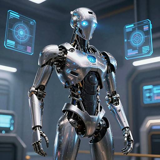 Photorealistic CGI of a shiny, silver humanoid robot with glowing blue eyes and holographic panels floating in a futuristic, blue-lit lab.
