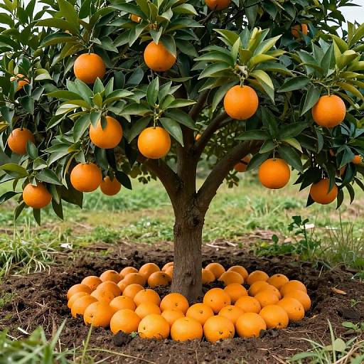 Photograph of a vibrant orange tree with lush green leaves, bearing numerous ripe oranges, with a large cluster on the ground.