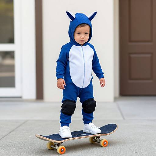 Photograph of a cute toddler in a blue and white shark costume, standing on a skateboard, with a serious expression, in front of a brown door