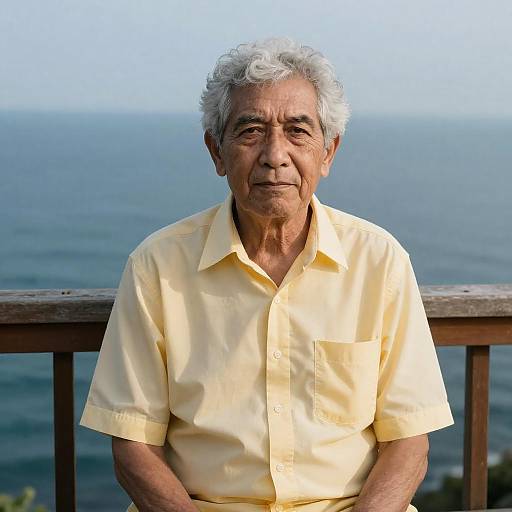 Elderly Man Sitting by Ocean