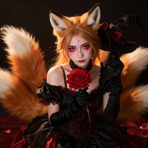 Digital artwork of a pale-skinned woman with red hair, fox ears, and nine fluffy tails, wearing black lace, holding a red rose, with