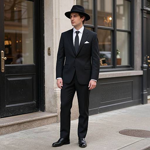 Photograph of a young white man with fair skin, wearing a black suit, white shirt, black tie, black hat, and black shoes, standing
