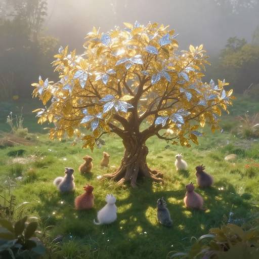 Photograph of a glowing golden tree with blue leaves, surrounded by colorful, fluffy toy chickens on a sunlit, dewy grassy field.
