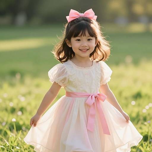 Photograph of a smiling Asian girl with shoulder-length brown hair, wearing a white dress with pink bow and ribbon, pink bow headband, standing in